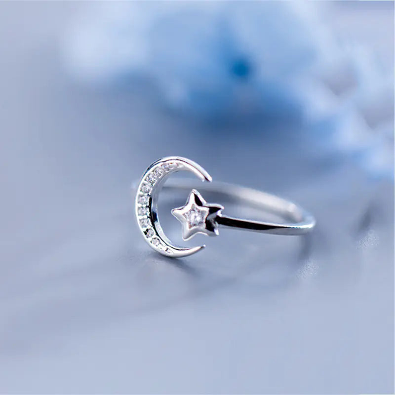 Korean Style S925 Sterling Silver Star Moon Open Ring