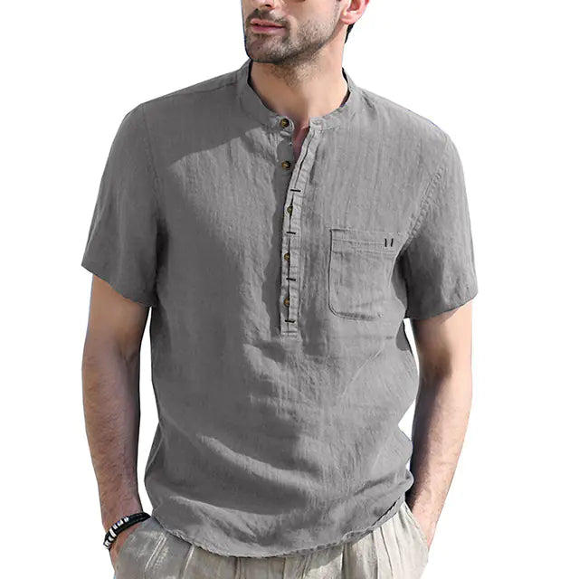 Men's Casual Cotton Linen Short Sleeve Polo Shirt