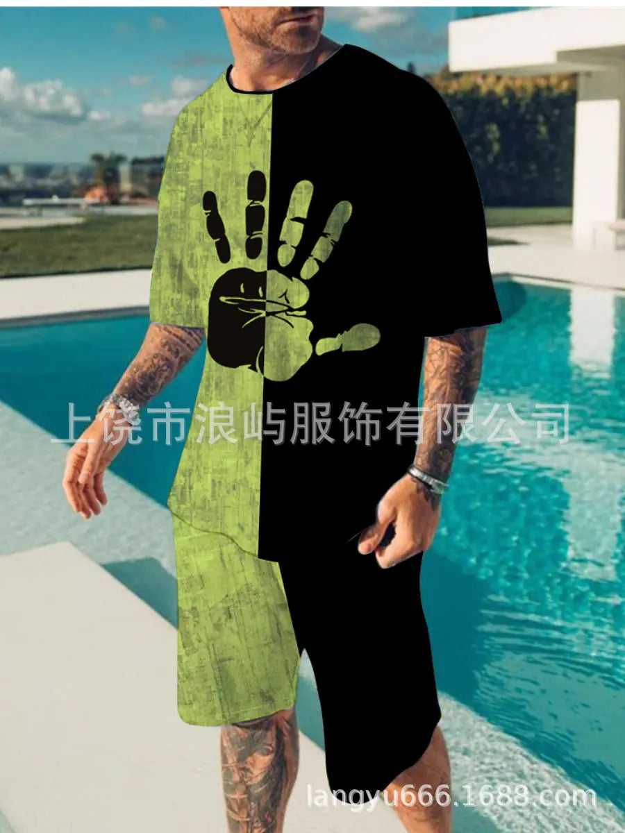 Men's Color Block 3D Printed T-Shirt Set for Summer 2023