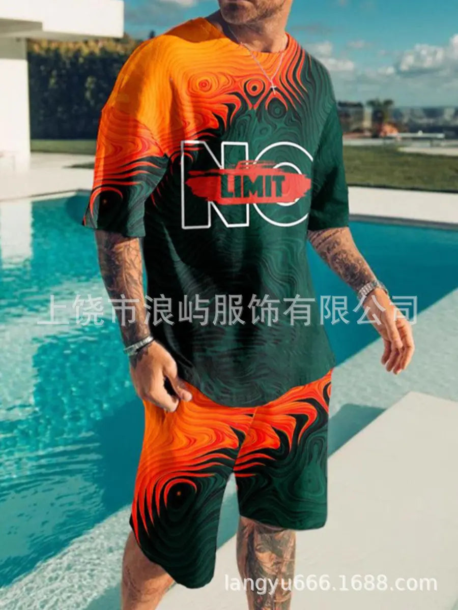 Men's Color Block 3D Printed T-Shirt Set for Summer 2023