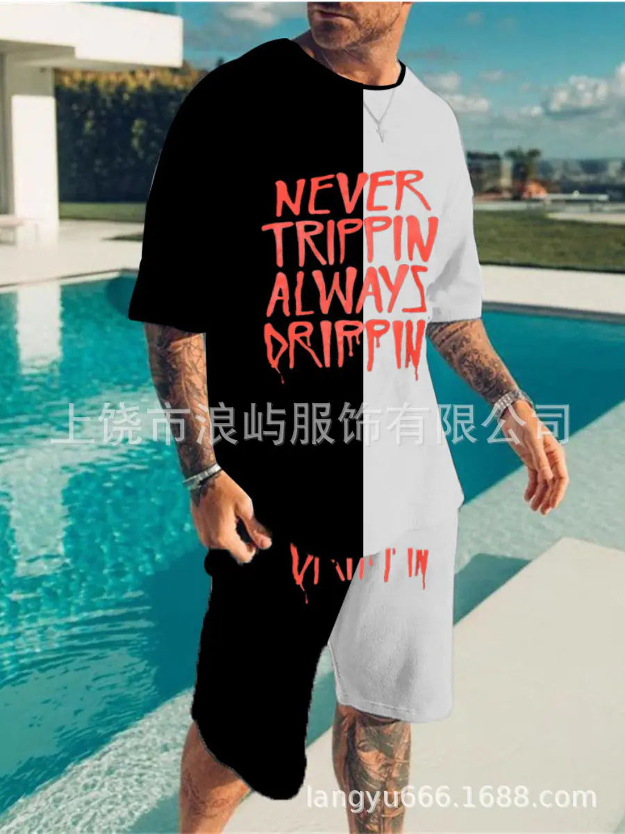 Men's Color Block 3D Printed T-Shirt Set for Summer 2023