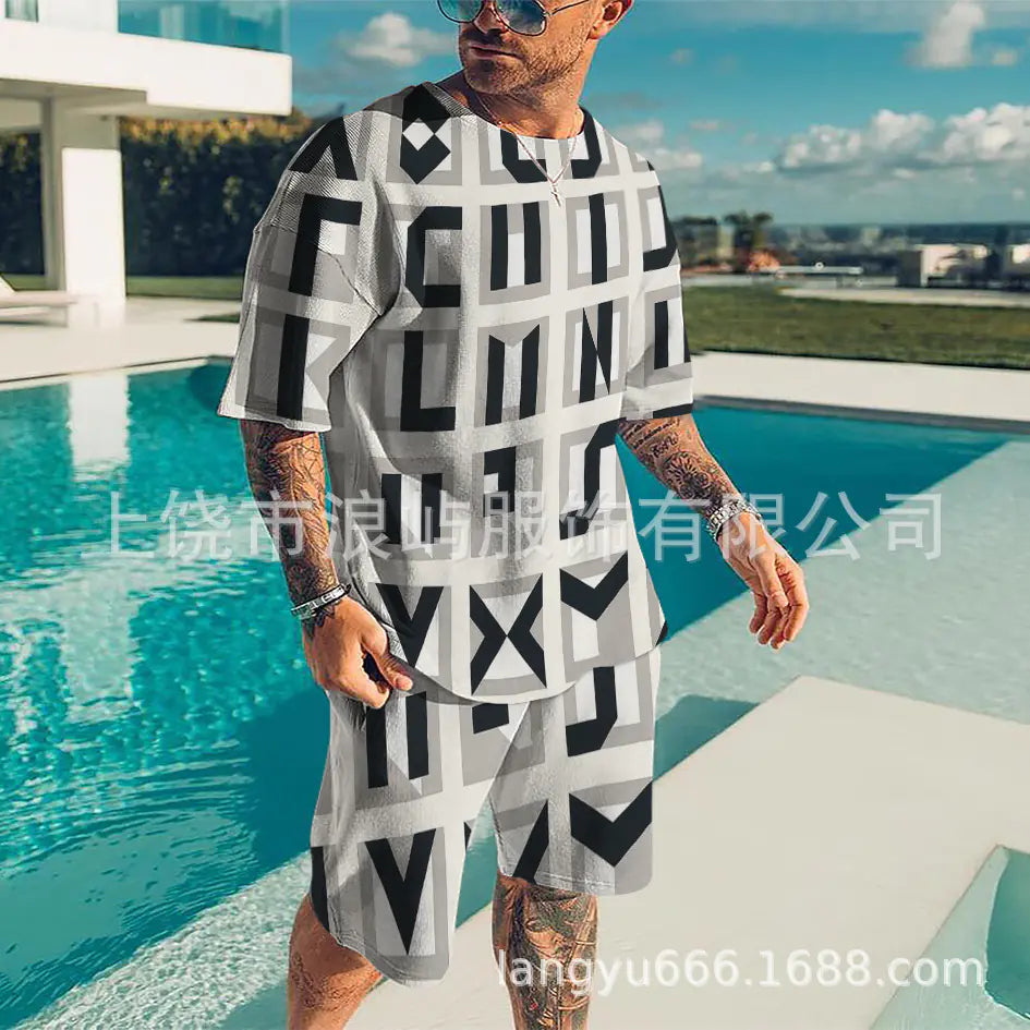 Men's Color Block 3D Printed T-Shirt Set for Summer 2023