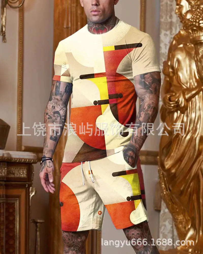 Men's Color Block 3D Printed T-Shirt Set for Summer 2023