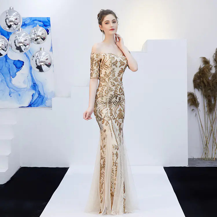 Elegant Champagne One-Shoulder Mermaid Evening Gown