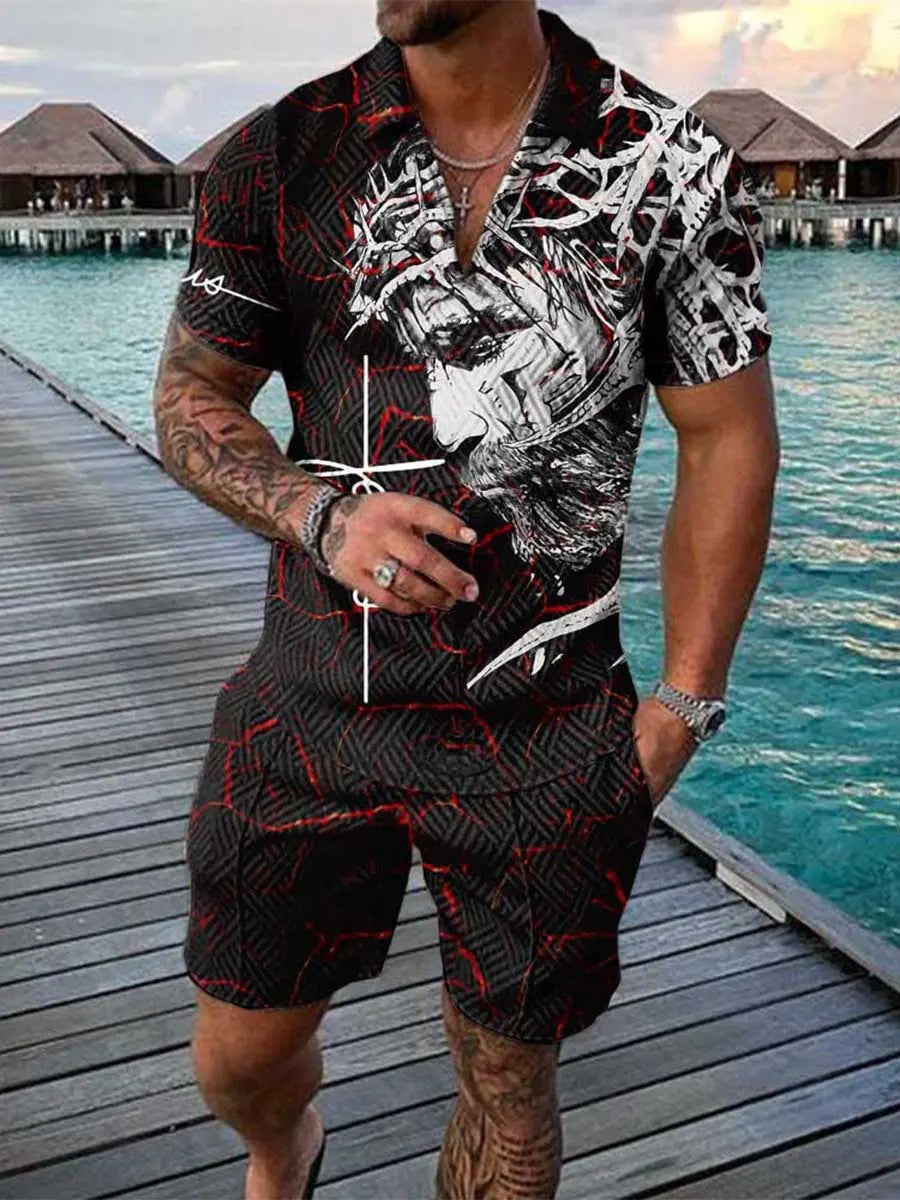 Men's 3D Digital Print Polo Shirt Set with Stripes