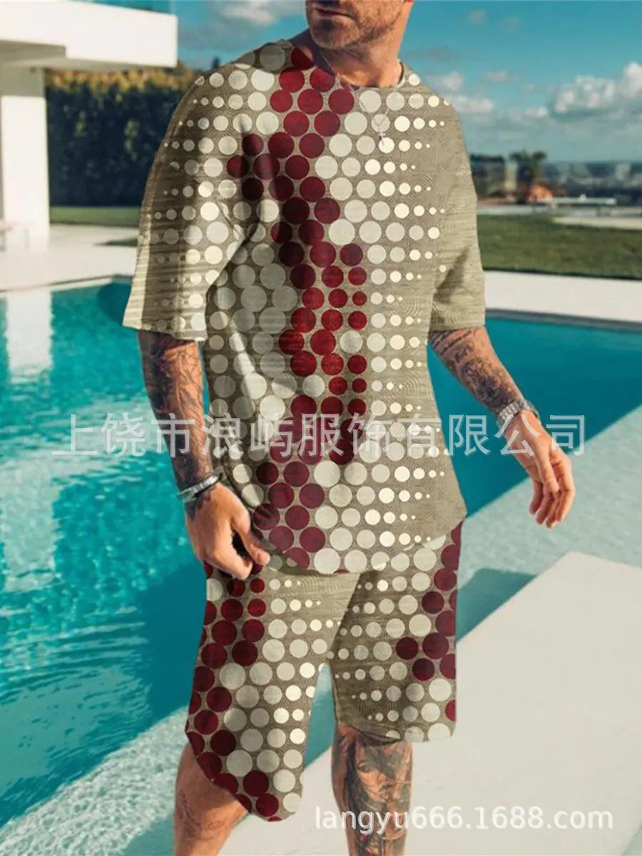 Men's Color Block 3D Printed T-Shirt Set for Summer 2023