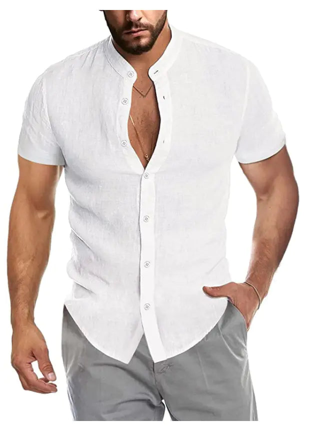 Men's V-Neck Linen Cardigan Short Sleeve Shirt
