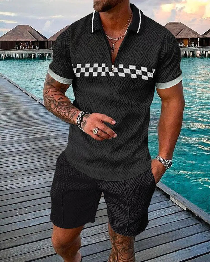 Men's 3D Digital Print Polo Shirt Set with Stripes