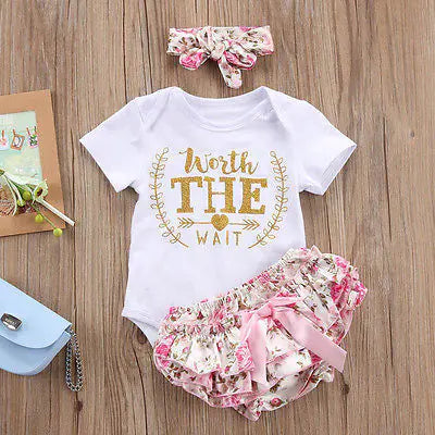Baby Girls' Gold Letter Romper, Shorts & Headband Set