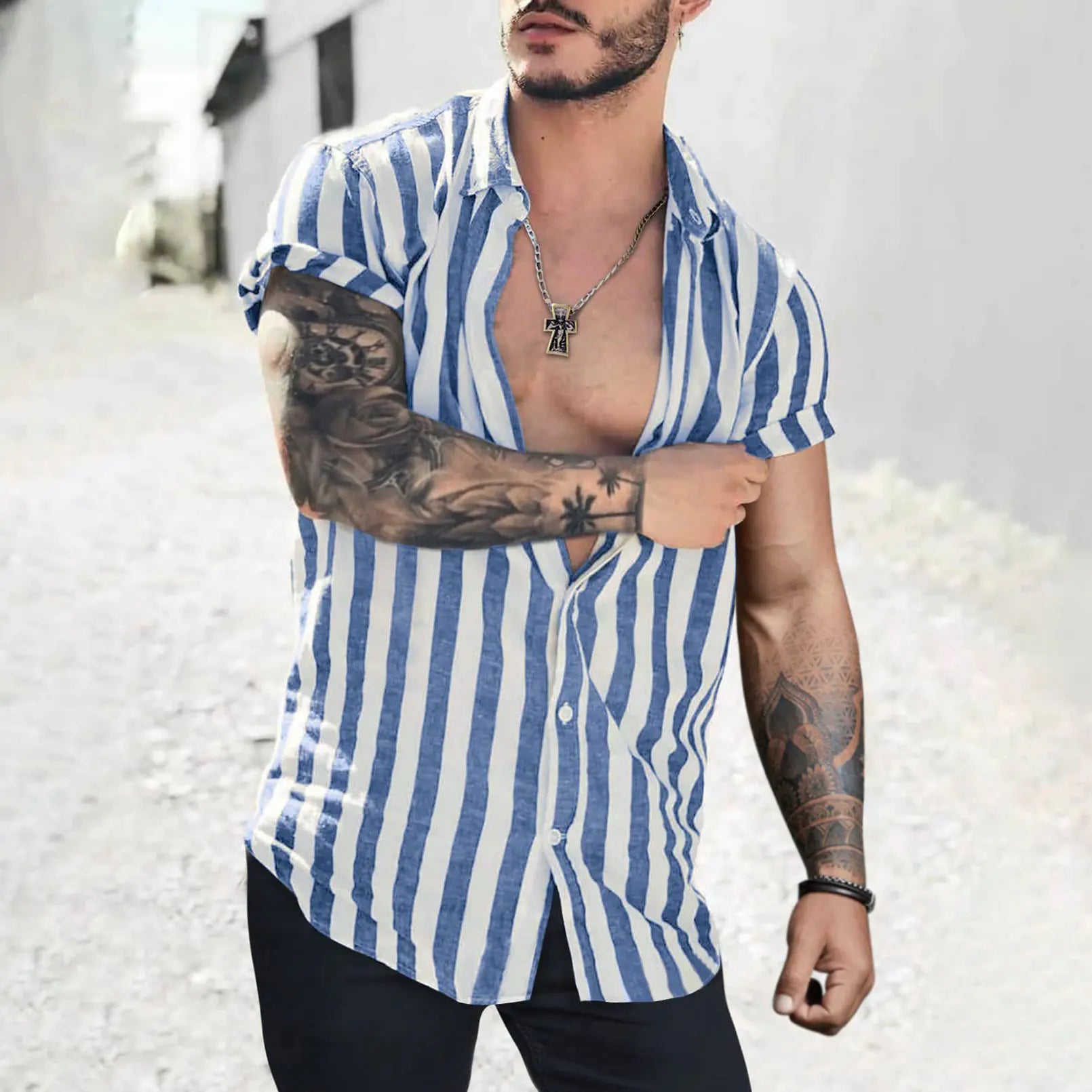 Men's Striped Short Sleeve Cardigan Shirt