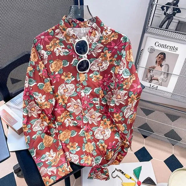Vintage Floral Turn-down Collar Blouse for Women