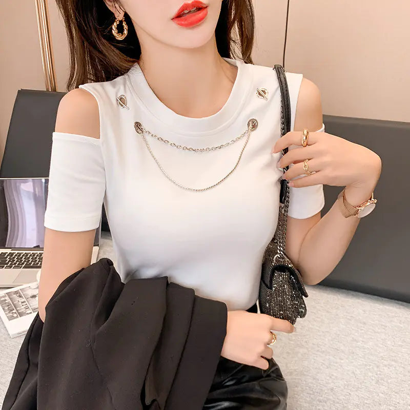 Solid Color Button Round Neck Short Sleeve T-Shirt