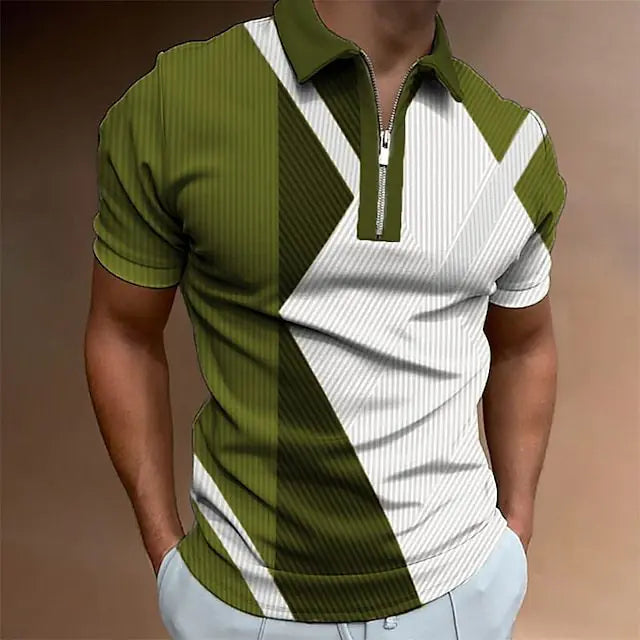 Men's Zip Polo Shirt - 3D Digital Print Summer Fashion