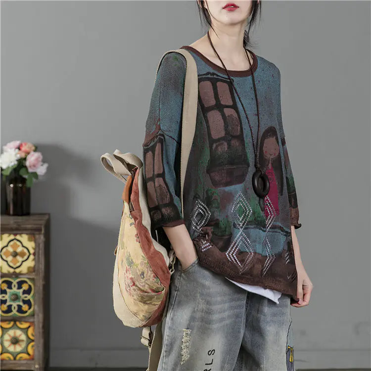 Summer Women's Loose Fit Printed Knit Cotton T-Shirt