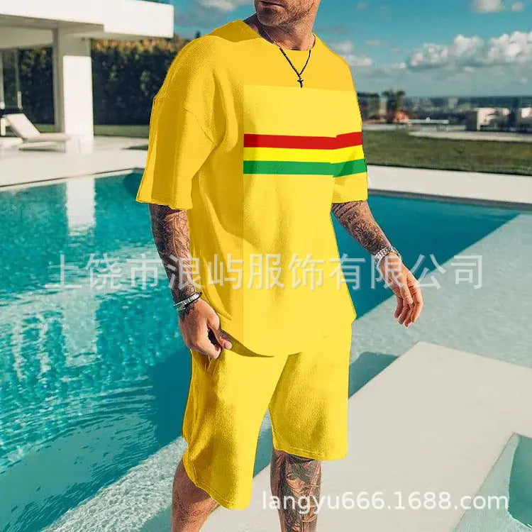 Men's Color Block 3D Printed T-Shirt Set for Summer 2023