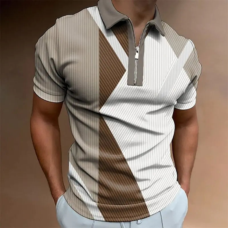 Men's Zip Polo Shirt - 3D Digital Print Summer Fashion