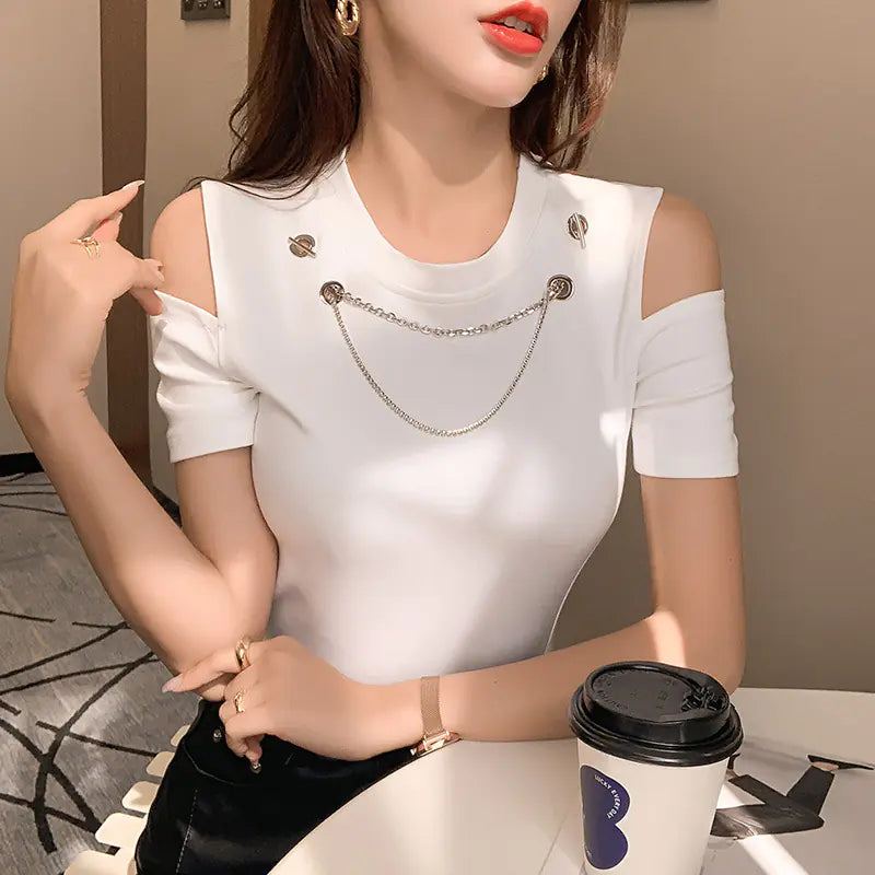 Solid Color Button Round Neck Short Sleeve T-Shirt