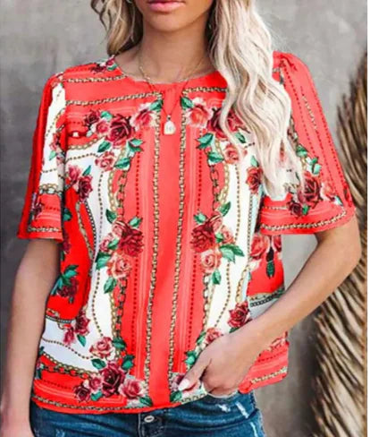 Women's Printed Round Neck Short Sleeve T-Shirt