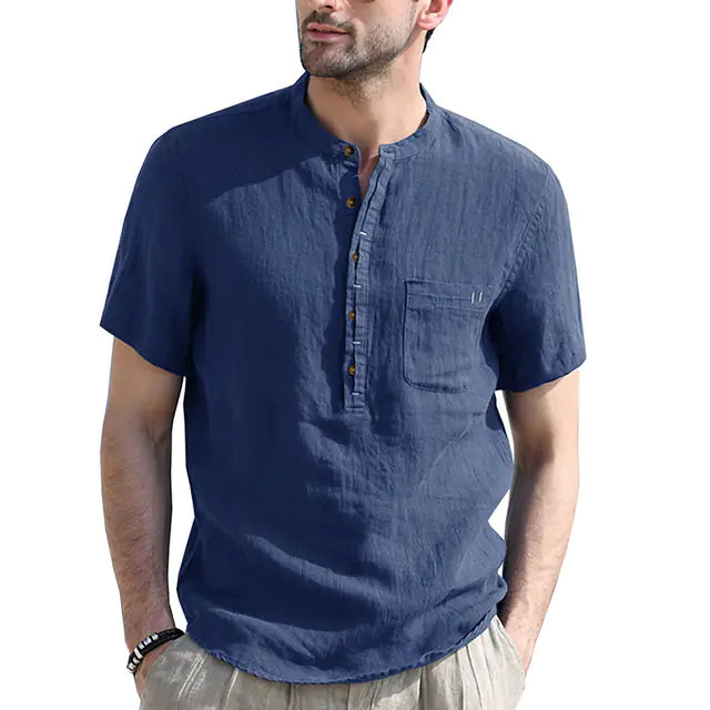 Men's Casual Cotton Linen Short Sleeve Polo Shirt