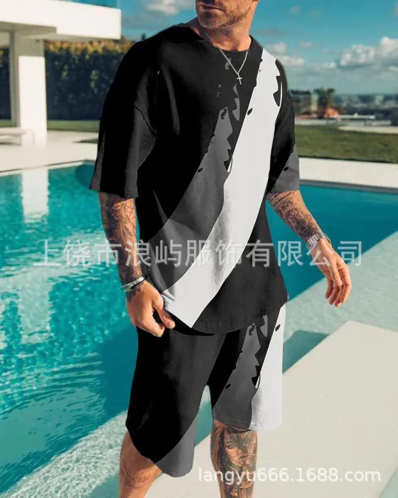 Men's Color Block 3D Printed T-Shirt Set for Summer 2023