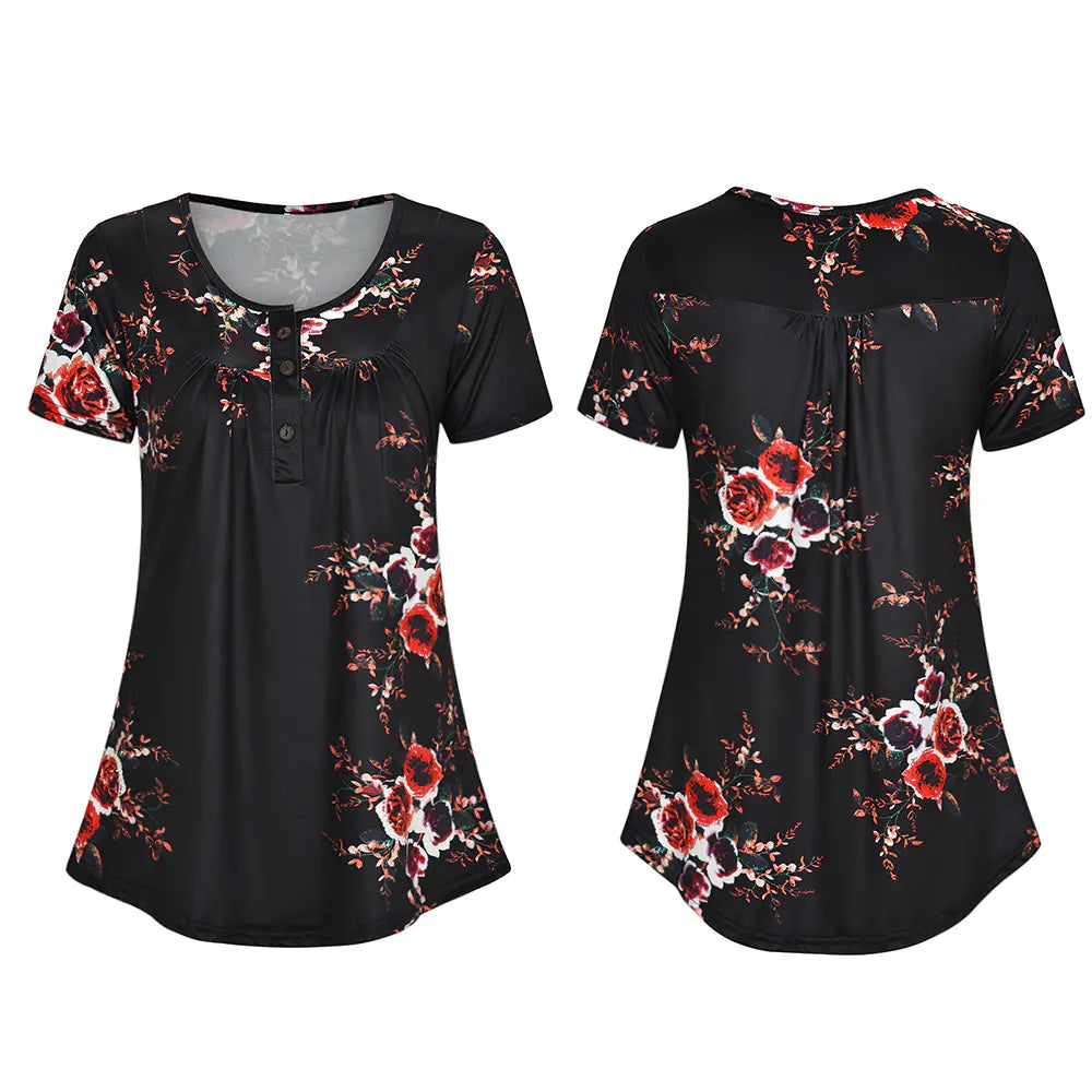 Loose-Fit Printed Short Sleeve T-Shirt with Buttons