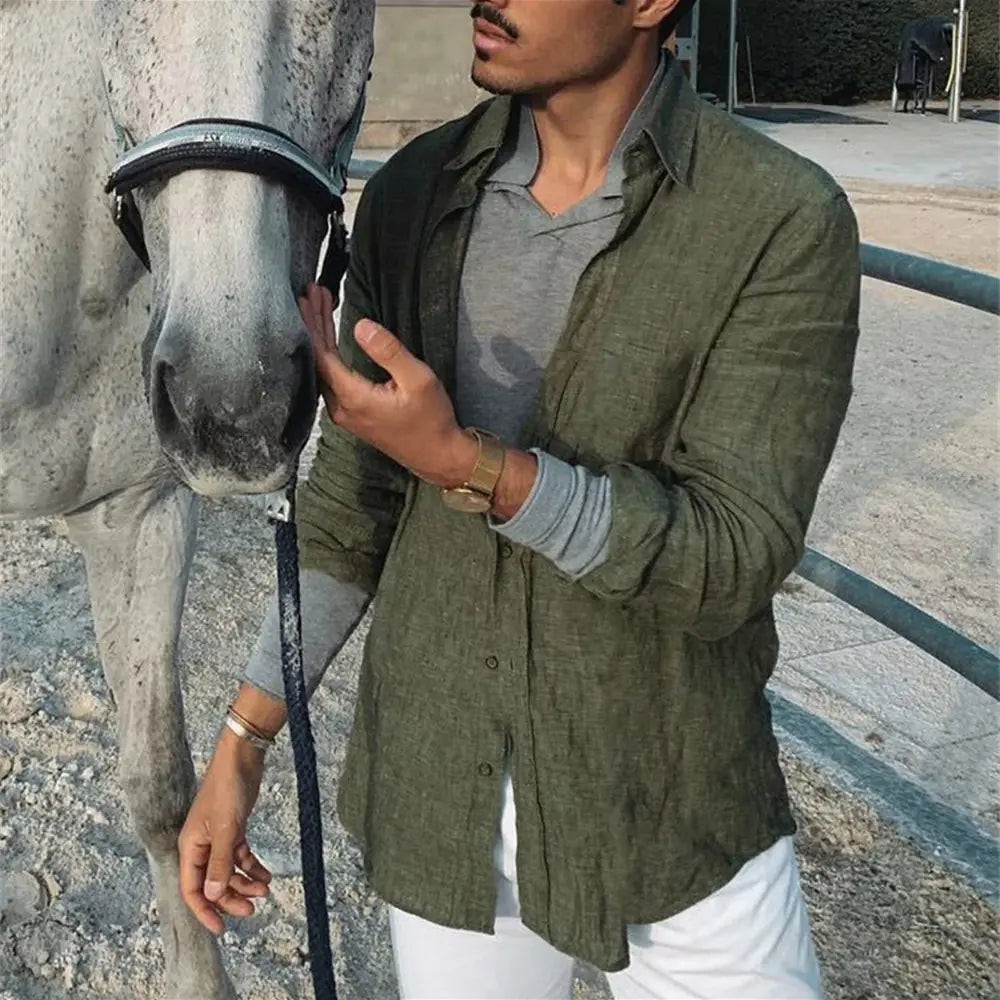 Men's Casual Cotton Linen Lapel Long-Sleeve Shirt