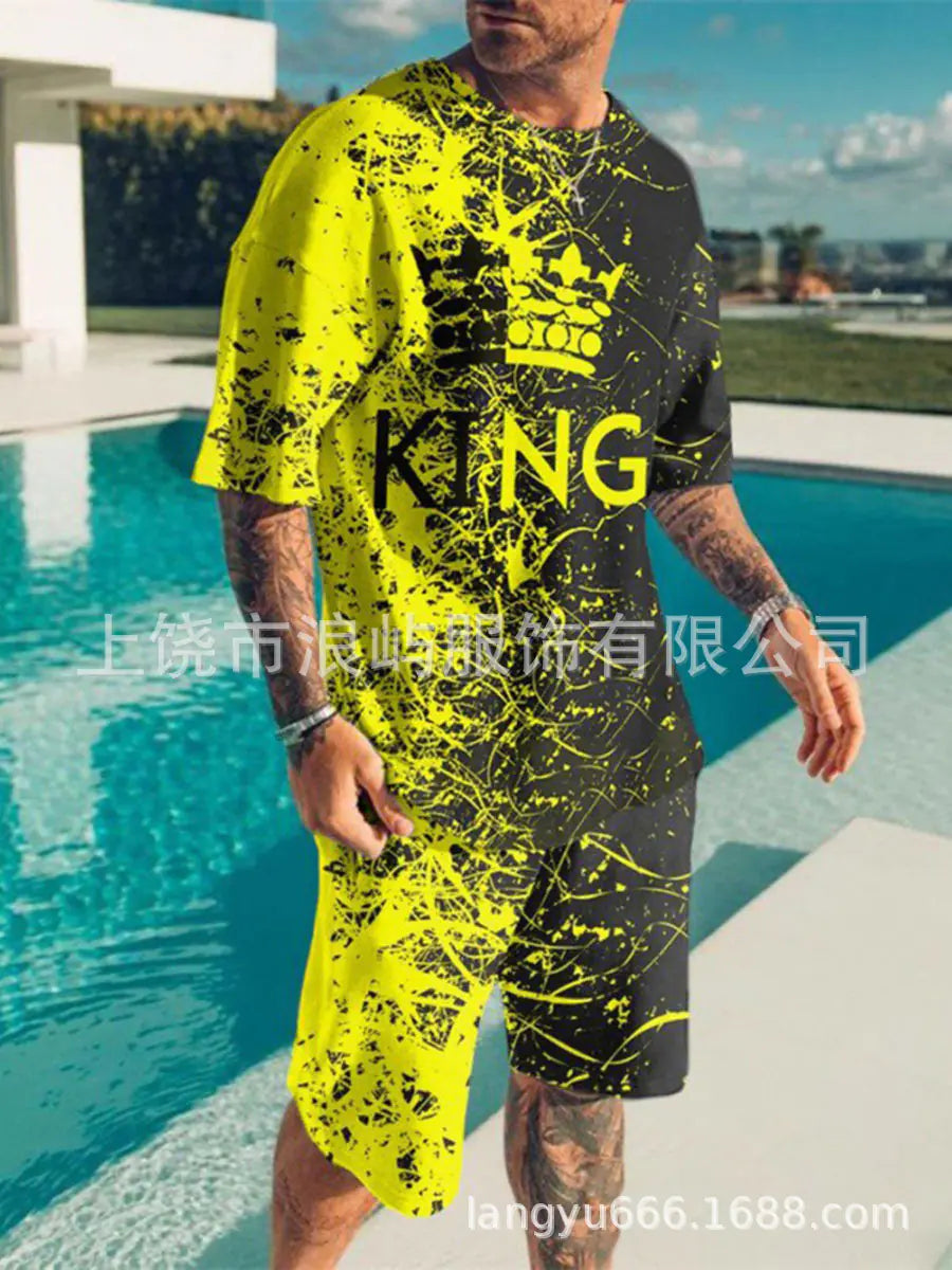 Men's Color Block 3D Printed T-Shirt Set for Summer 2023