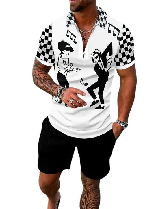 Men's 3D Digital Print Polo Shirt Set with Stripes
