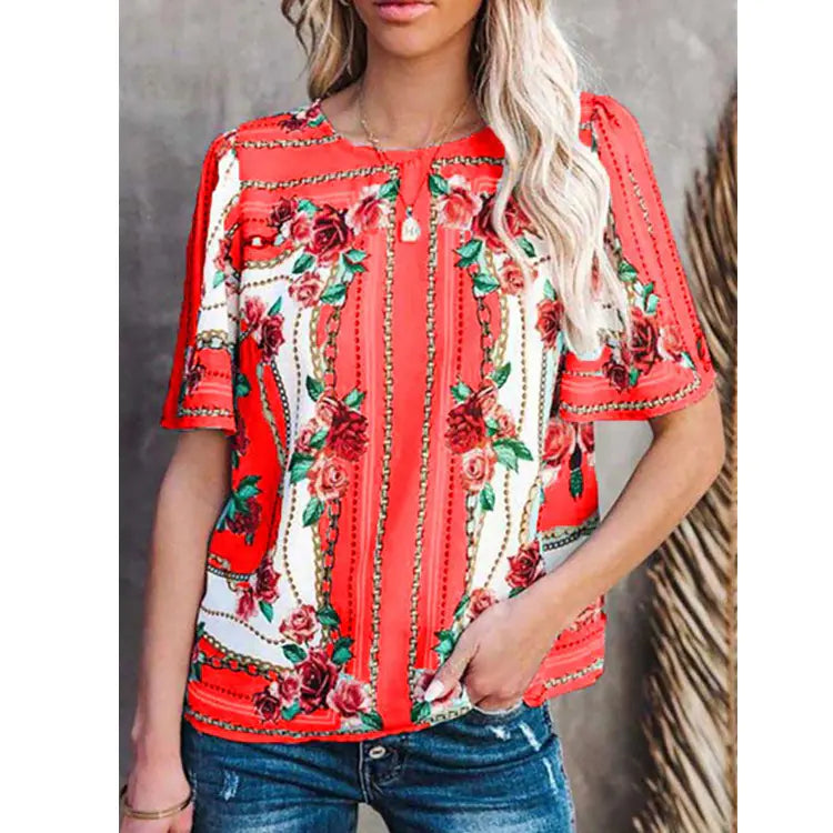 Women's Printed Round Neck Short Sleeve T-Shirt