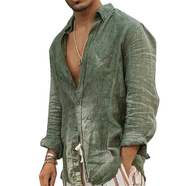 Men's Casual Cotton Linen Lapel Long-Sleeve Shirt
