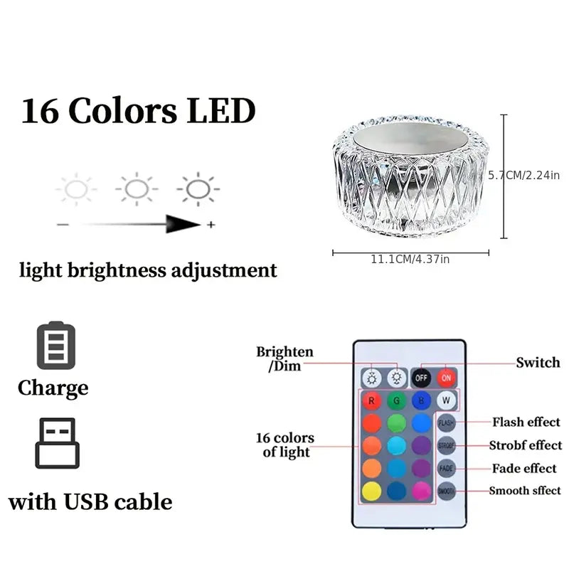 16-Color LED Crystal Table Lamp with Remote & Touch