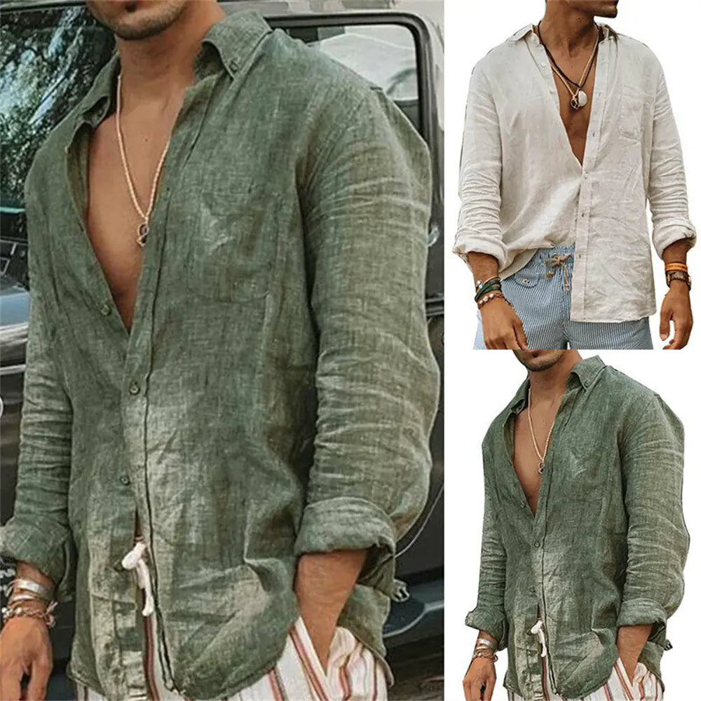 Men's Casual Cotton Linen Lapel Long-Sleeve Shirt