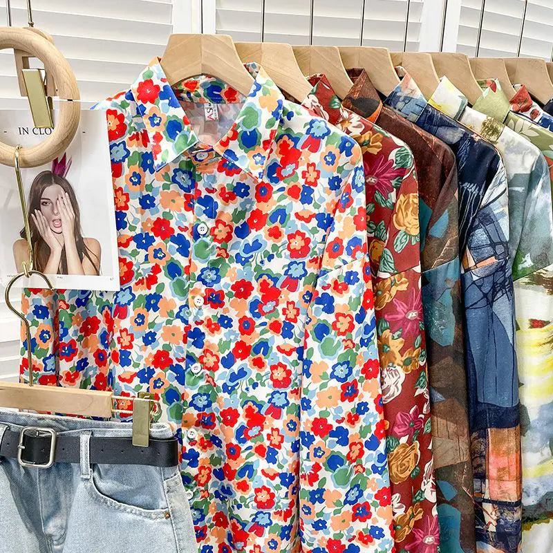 Vintage Floral Turn-down Collar Blouse for Women