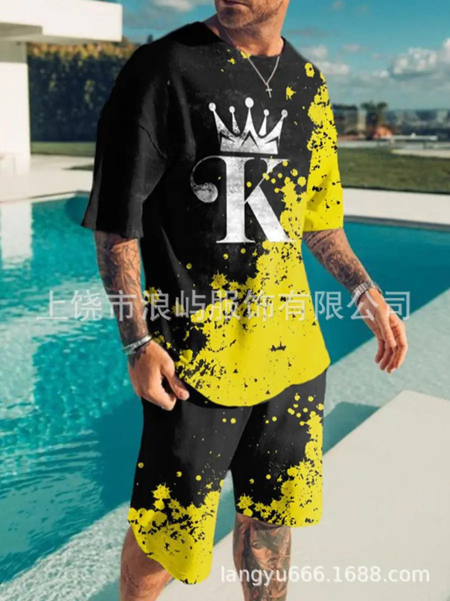 Men's Color Block 3D Printed T-Shirt Set for Summer 2023