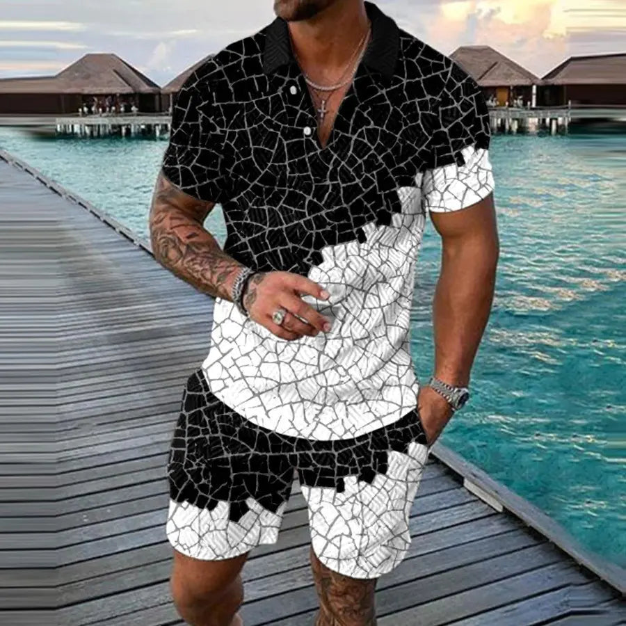 Men's 3D Digital Print Polo Shirt Set with Stripes